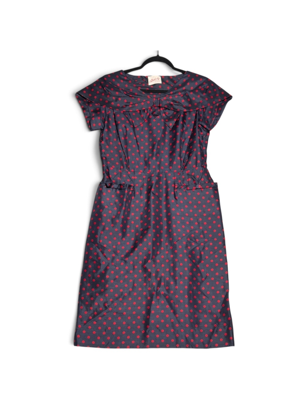 Vintage Blakely Fashions Navy Blue Dress with Red Polka Dots and Metal Zipper
